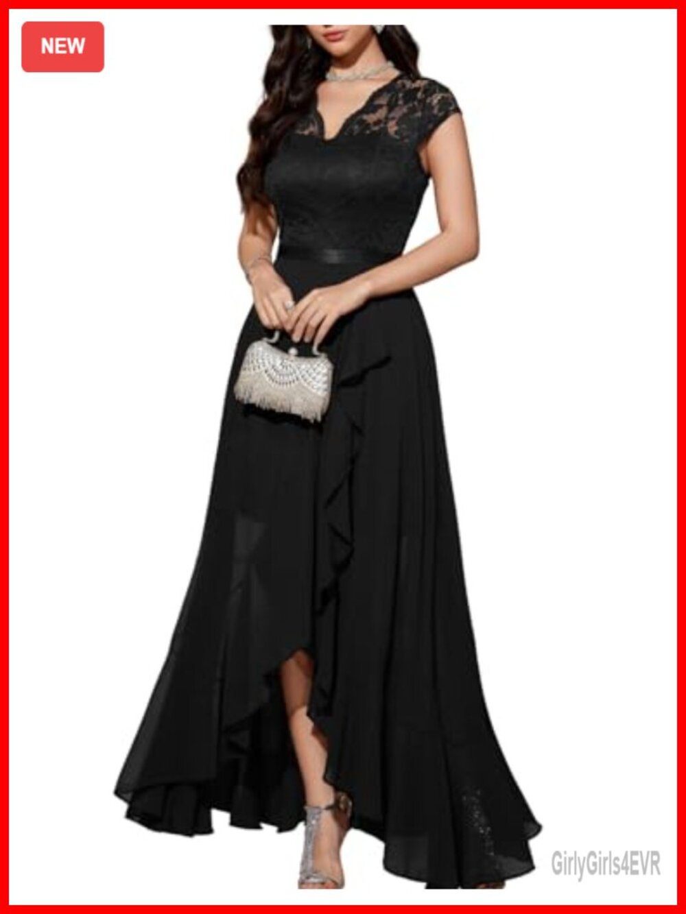 V-Neck Hi-Lo Lace Chiffon Formal Dress Wedding Guest Cocktail